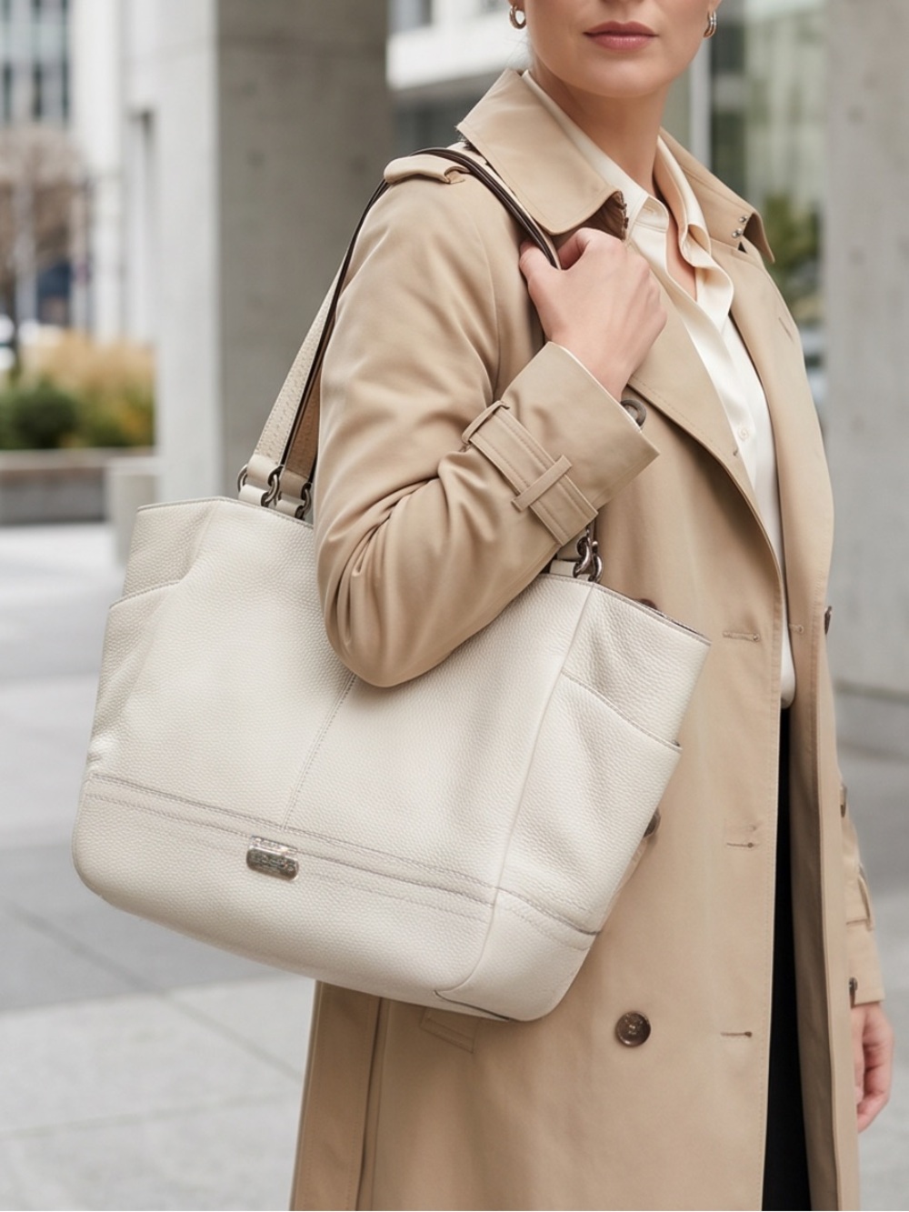 Coach Cream Pebbled Leather Tote with Double Straps
